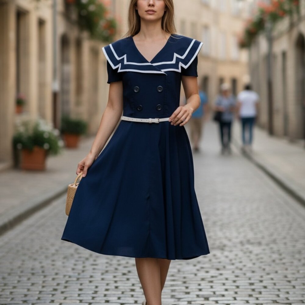 Bettie Page Carpin Circle Dress Navy White Nautical 50s Retro NWT Size XL - Picture 6 of 8